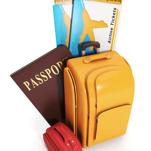 Sign trip. Illustration of a group of suitcases and a plane tick